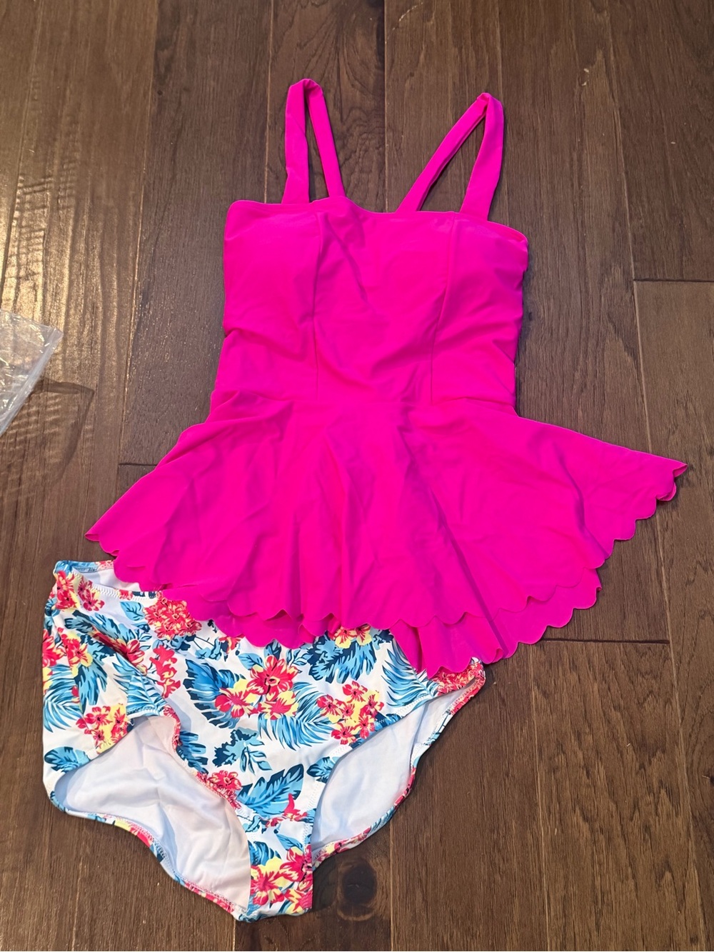Women's Hot Pink Peplum Tankini Swimsuit with Floral Bottom